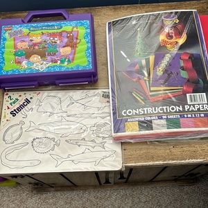 Arts and crafts kit, includes stencils, rulers, erasers and construction paper